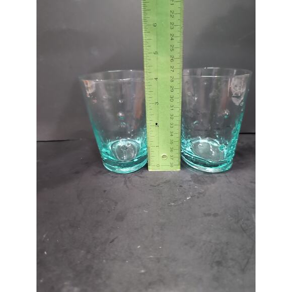 Teal Green Blue Double Old Fashion Thick Etched Glasses, Set of 2,‎ Oval Base - Picture 8 of 9